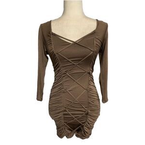Bebe Solid Taupe Brown Tan Sexy Long Sleeve Lace Up Bodycon Mini Dress Xxs 00